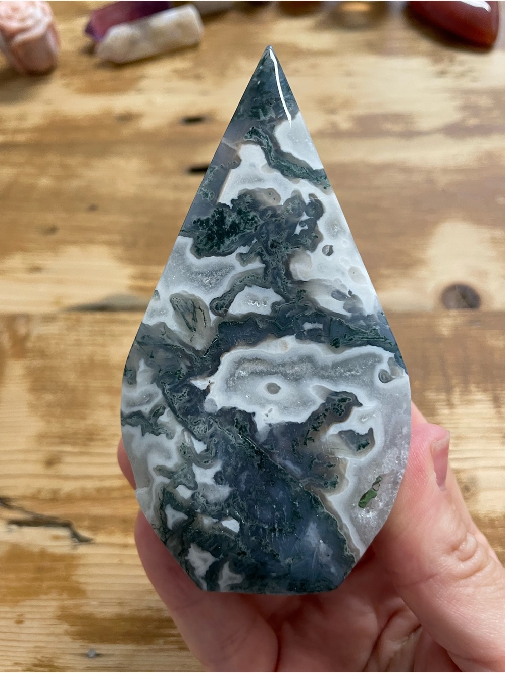 Green Moss Agate tear drop flame- Green and White
